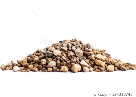 Pile of mixed gravel isolated on crisp white background. Neural network AI generated 124310743