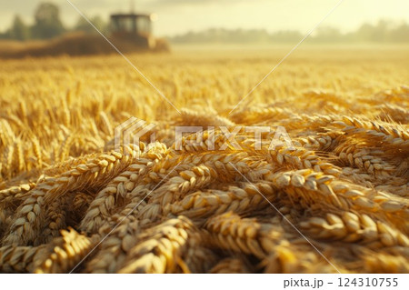 Golden wheat harvest in sunlit field. Neural network AI generated 124310755