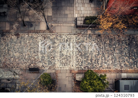 Aerial view of historic cobblestone street between brick buildings. Neural network AI generated 124310793