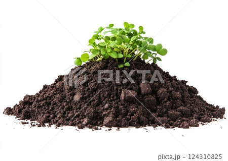 Seedling sprout on rich soil pile against white backdrop. Neural network AI generated 124310825
