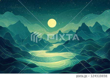 Enchanted landscape night scene with planets and moons. Neural network AI generated 124310856