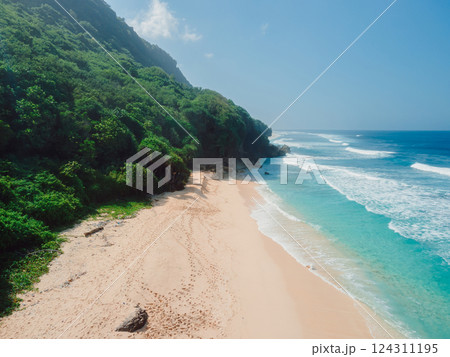 Coastline with green cliffs and ocean in Bali island. Aerial view of Pandawa beach Coastline with green cliffs and ocean in Bali island. Aerial view of Pandawa beach 124311195