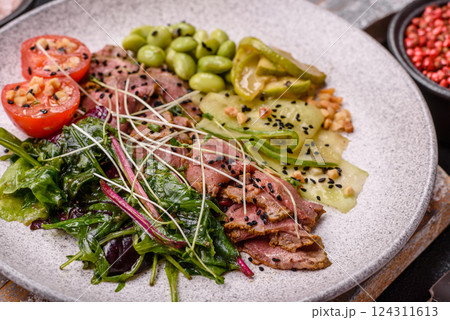 Warm salad consisting of slices of roast beef, greens, tomatoes, cucumbers, green beans Warm salad consisting of slices of roast beef, greens, tomatoes, cucumbers, green beans 124311613