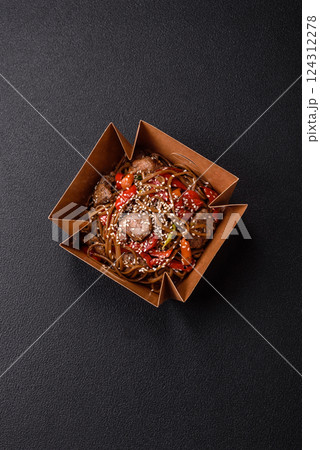 Delicious spicy Asian food soba with buckwheat noodles, beef, vegetables Delicious spicy Asian food soba with buckwheat noodles, beef, vegetables 124312278