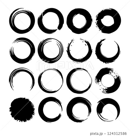 Set of hand-painted ink circles with rough edges. Ideal for digital design, logos, and artistic compositions. 124312586