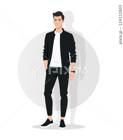 Sporty Young Man in Black Tracksuit with Sneakers Looking Confident and Stylish 124312603