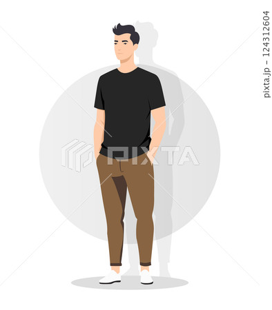 Urban Young Man in Black T-Shirt and Khaki Pants with Sneakers 124312604