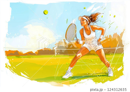 Tennis player during an intense match, bright colorful drawing with dynamic energy and precise movements of a young woman playing tennis, poster highlights sportsmanship and competitive spirit Tennis player during an intense match, bright colorful drawing with dynamic energy and precise movements of a young woman playing tennis, poster highlights sportsmanship and competitive spirit 124312635