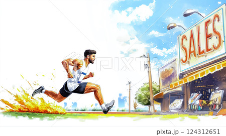 Funny drawing with an athlete aiming for a seasonal sale, using athletic power in action to achieve the best discounts, concept poster for a comic about sales 124312651