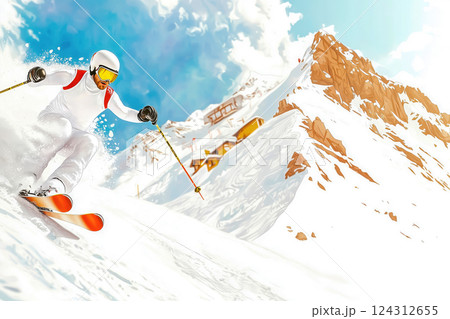 bright dynamic moment of freeride, skier in white overalls descending snowy slope of high cliffs, downhill skiing movement emphasizes control and athleticism during adrenaline-filled winter adventure bright dynamic moment of freeride, skier in white overalls descending snowy slope of high cliffs, downhill skiing movement emphasizes control and athleticism during adrenaline-filled winter adventure 124312655