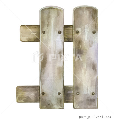 Old wooden fence of gray and brown colors for garden and vegetable garden, hand-drawn with watercolor. Watercolor illustration. Suitable for printing on fabric, paper, for decoration and design. Old wooden fence of gray and brown colors for garden and vegetable garden, hand-drawn with watercolor. Watercolor illustration. Suitable for printing on fabric, paper, for decoration and design. 124312723