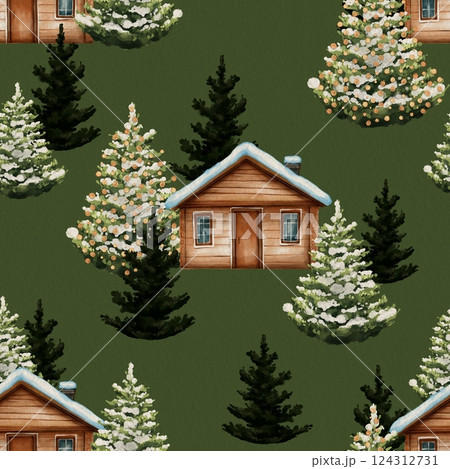 Seamless pattern with chalet. Wooden cabin in fir forest. Winter woodland. Hand drawn background, perfect for Christmas card, wallpaper, fabric or print design. 124312731