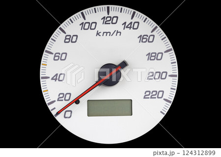 White analog speedometer with red needle 124312899