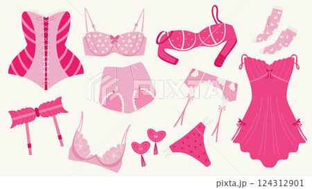 Pink coquettish woman lingerie. Bra, panties, corset, stockings, garters. 124312901
