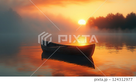 A wooden boat rests peacefully on a misty lake as the sun rises, casting a golden glow. 124312977