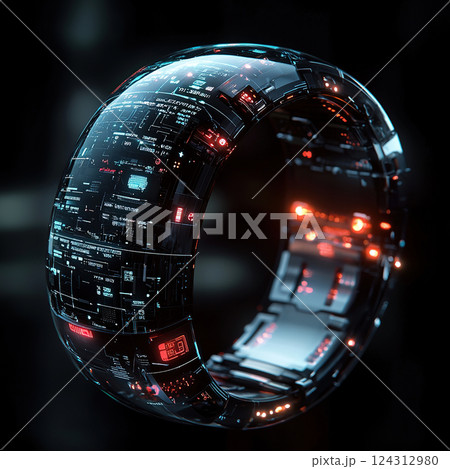 Illuminated technology ring reveals a complex circuit design, representing connectivity and future innovations. Illuminated technology ring reveals a complex circuit design, representing connectivity and future innovations. 124312980