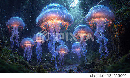 Luminous jellyfish create a captivating glow as they drift through an enchanted forest. 124313002