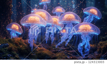 Luminous jellyfish create a captivating glow as they drift through an enchanted forest. 124313003