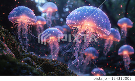 Luminous jellyfish create a captivating glow as they drift through an enchanted forest. 124313005