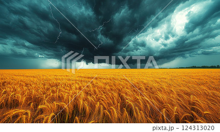 A vast wheat field glows beneath a dramatic sky filled with storm clouds and lightning flashes. 124313020