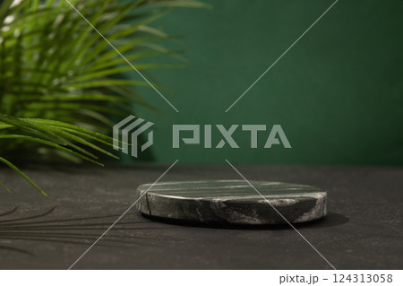Composition with podium for design your cosmetic products with black marble stand and tropical leaves on green background. Space for design. Composition with podium for design your cosmetic products with black marble stand and tropical leaves on green background. Space for design. 124313058