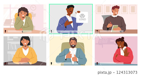 Company employees team telecommuting participating in online business meeting cartoon scene Company employees team telecommuting participating in online business meeting cartoon scene 124313073