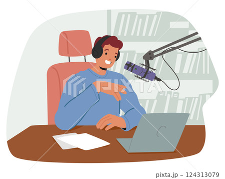 Young creative guy blogger cartoon character sitting front of laptop recording speech for podcast 124313079