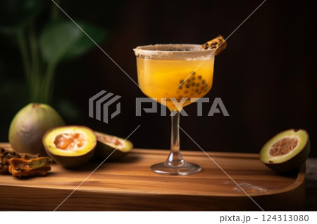 Fresh drink cocktail with black bubbles fruits on wooden tray. Generated AI 124313080