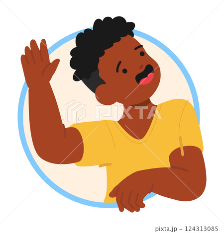Funny boy child with friendly smile on face looking upward peeking out round frame waving hand 124313085
