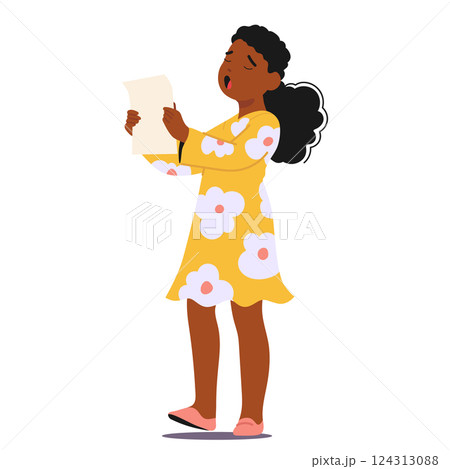 Little emotional girl cartoon vocalist character singing song standing with music text in hands 124313088