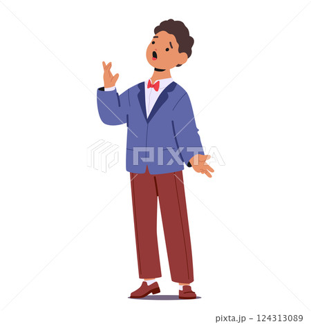 Preschool boy cartoon character wearing concert suit singing song participating in musical party 124313089