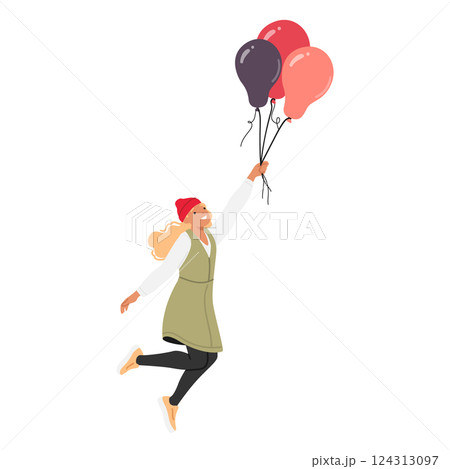 Cute romantic girl child character soaring with colorful festive balloons in hands isolated on white Cute romantic girl child character soaring with colorful festive balloons in hands isolated on white 124313097