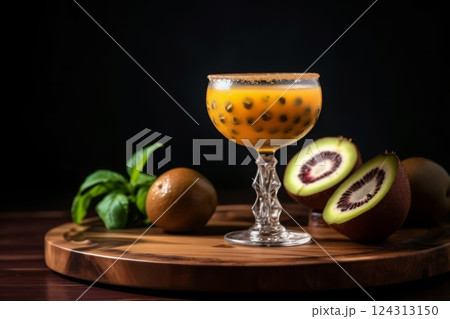 Fresh drink cocktail with black bubbles fruits on wooden tray near fruits. Generated AI Fresh drink cocktail with black bubbles fruits on wooden tray near fruits. Generated AI 124313150