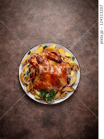 fried, baked chicken, in the oven, with spices, and rustic potatoes, top view, homemade, fried, baked chicken, in the oven, with spices, and rustic potatoes, top view, homemade, 124313207