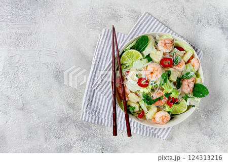 Thai salad with shrimp and rice noodles, pineapple slices, coriander and mint leaves, homemade , no people, Thai salad with shrimp and rice noodles, pineapple slices, coriander and mint leaves, homemade , no people, 124313216