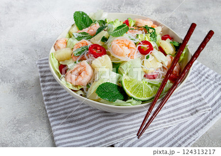 Thai salad with shrimp and rice noodles, pineapple slices, coriander and mint leaves, homemade , no people, Thai salad with shrimp and rice noodles, pineapple slices, coriander and mint leaves, homemade , no people, 124313217