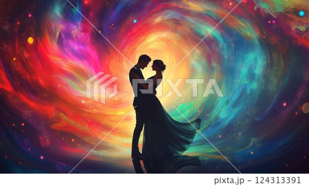 Couple dancing under swirling galaxies with vibrant colors in a cosmic setting 124313391