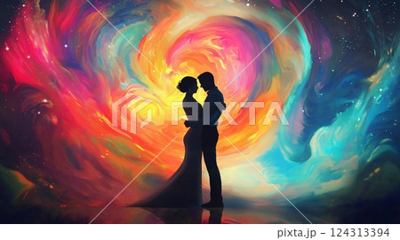 Couple dancing under swirling galaxies with vibrant colors in a cosmic setting 124313394
