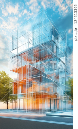 Modern architectural design featuring transparent and vibrant buildings in an urban setting Modern architectural design featuring transparent and vibrant buildings in an urban setting 124313396
