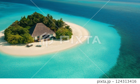 Tropical island beach view with a house Tropical island beach view with a house 124313416