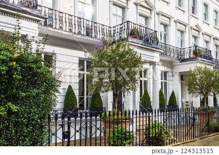 Elegant White London Townhouses with Greenery and Wrought Iron Fencing. London, UK 124313515