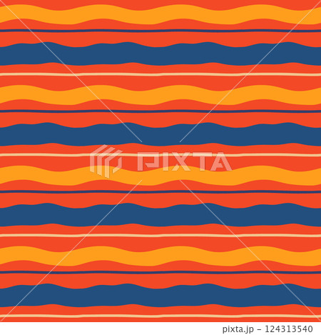 Bright wavy stripes vector seamless pattern. Modern minimal repeat design with hand drawn colorful blue, yellow horizontal uneven stripes on red background. Bold, dynamic geometric design for textile 124313540