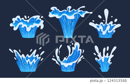 Blue transparent water splashes. Water splashes, aqua liquid drops, flows and waves flat vector illustration set. Clean water splash collection 124313588