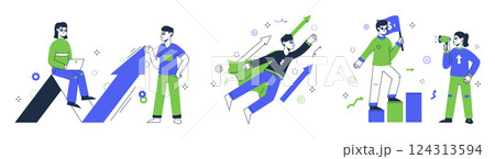 Business startup launch. Marketing strategy scenes, corporate strategy marketing, profits and goal achievement flat vector illustration set. Business growth concept 124313594