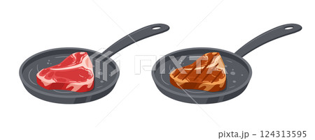 Cartoon pan-fried beef steak. Meat steak cooking on frying pan, roasted meat semi-finished product flat vector illustration. Raw and roasted meat on frying pan 124313595