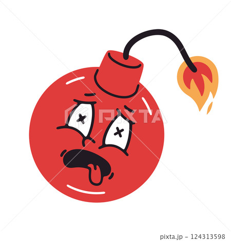 Crazy bomb character. Funny red bomb mascot, comic bombshell with burning wick flat vector illustration. Cartoon cute bomb with comical face emotions 124313598