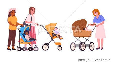 Moms with baby pushchairs. Mothers with baby strollers and carriages, young mothers walking with children in wheeling strollers flat vector illustration. Cartoon parenting scene Moms with baby pushchairs. Mothers with baby strollers and carriages, young mothers walking with children in wheeling strollers flat vector illustration. Cartoon parenting scene 124313607