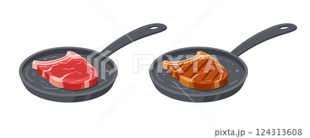 Raw and roasted beef steak. Meat steak on fried pan cooking process, roasted meat semi-finished product flat vector illustration. Cartoon pan-fried steak 124313608