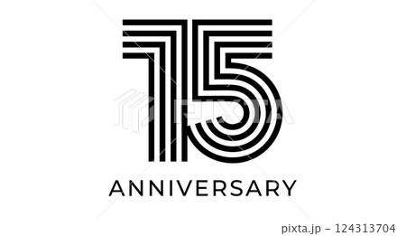 15th anniversary sign, striped geometrical number 15 for greeting card, birthday event design, business marketing materials, wedding jubilee logo. Vector illustration 124313704