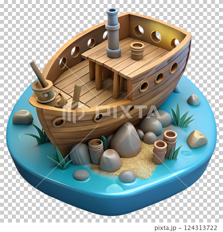 Sunken ship resting in the deep blue ocean surrounded by marine life 3d illustration isolated on the transparent background Sunken ship resting in the deep blue ocean surrounded by marine life 3d illustration isolated on the transparent background 124313722